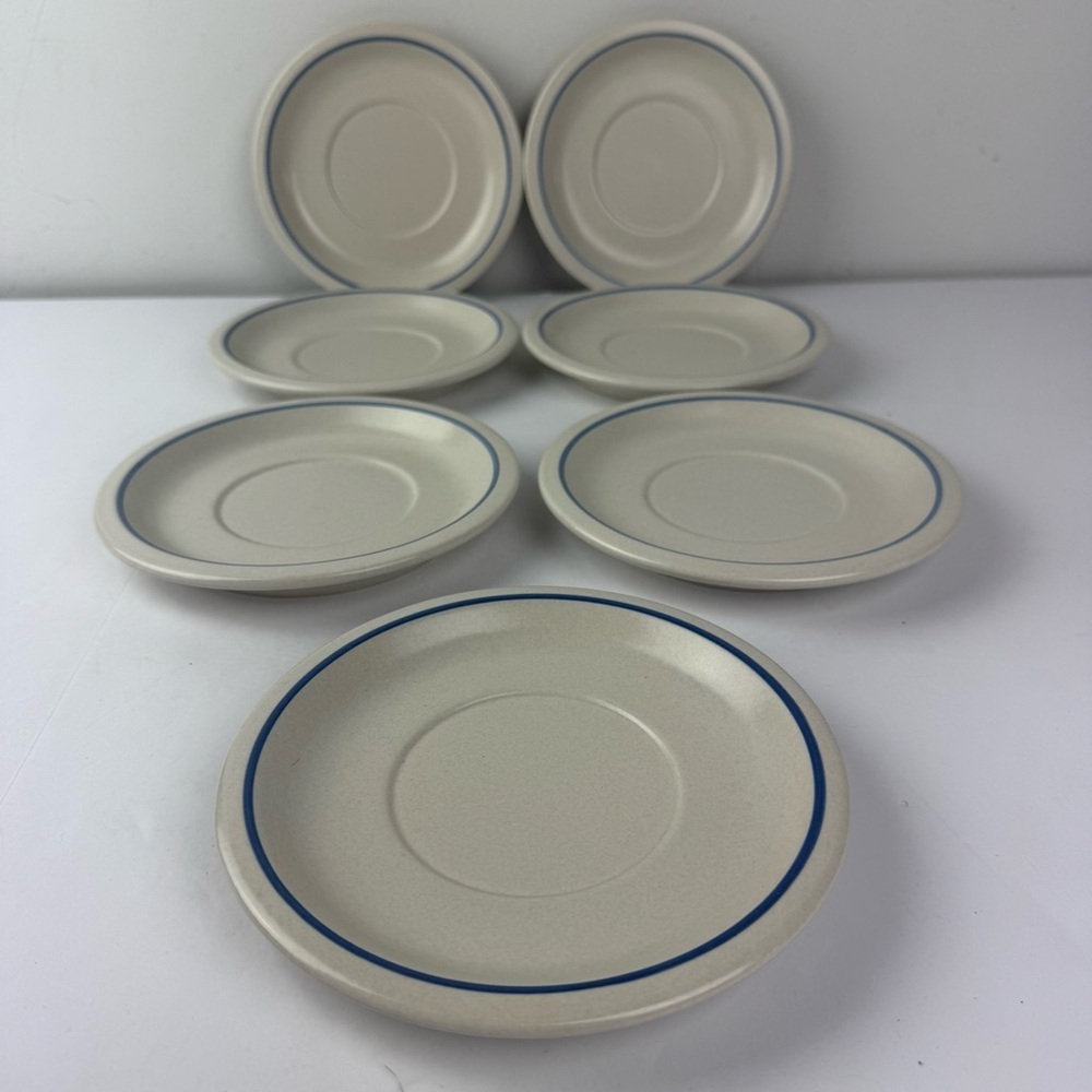 Pfaltzgraff Yorktowne Stoneware Saucers Lot of 7 White and Blue